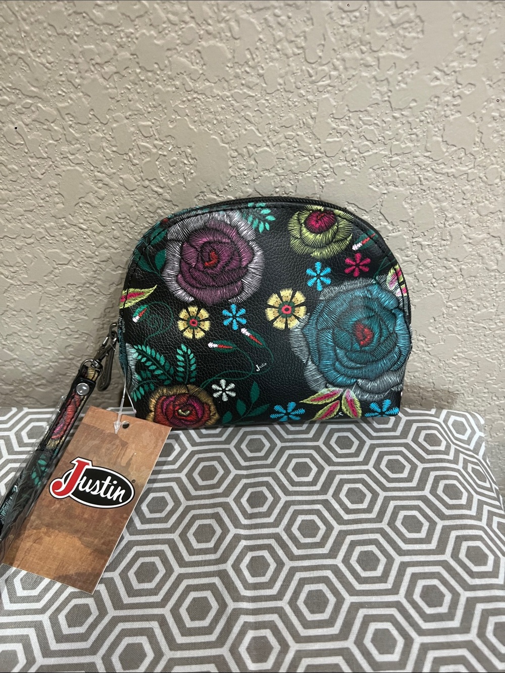 Justin Boots Black Floral Embroidered Cosmetic Wristlet